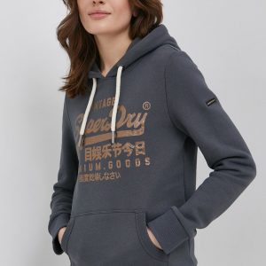 Superdry bluza femei, culoarea gri, cu imprimeu