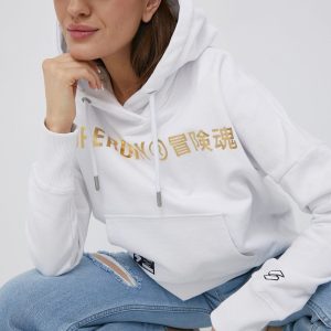 Superdry hanorac de bumbac femei, culoarea alb, cu imprimeu