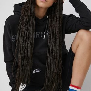 Superdry Hanorac de bumbac femei, culoarea negru, cu imprimeu