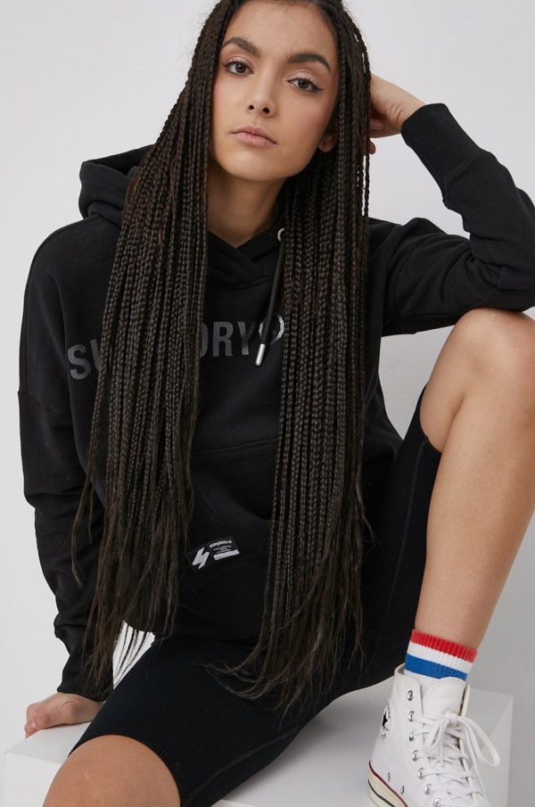 Superdry Hanorac de bumbac femei, culoarea negru, cu imprimeu