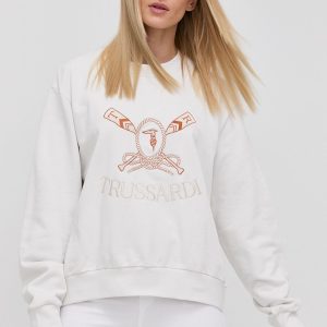 Trussardi hanorac de bumbac femei, culoarea alb, cu imprimeu