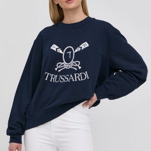 Trussardi hanorac de bumbac femei, culoarea albastru marin, cu imprimeu