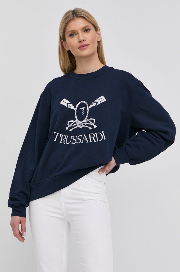SS22-BLD0H6_59X_F1.jpg Trussardi hanorac de bumbac femei, culoarea albastru marin, cu imprimeu