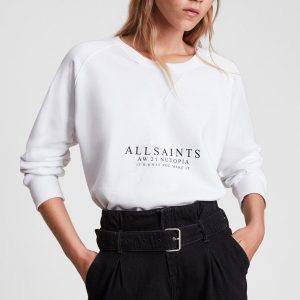 AllSaints Hanorac de bumbac Deeci femei, culoarea alb, cu imprimeu