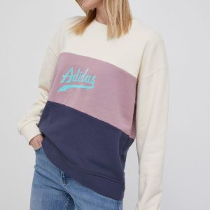 adidas Originals hanorac de bumbac HD9783 femei, culoarea bej, cu imprimeu
