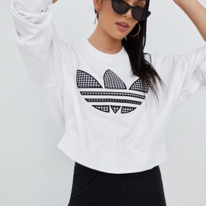 adidas Originals hanorac de bumbac Trefoil Moments HB9443 femei, culoarea alb, cu imprimeu