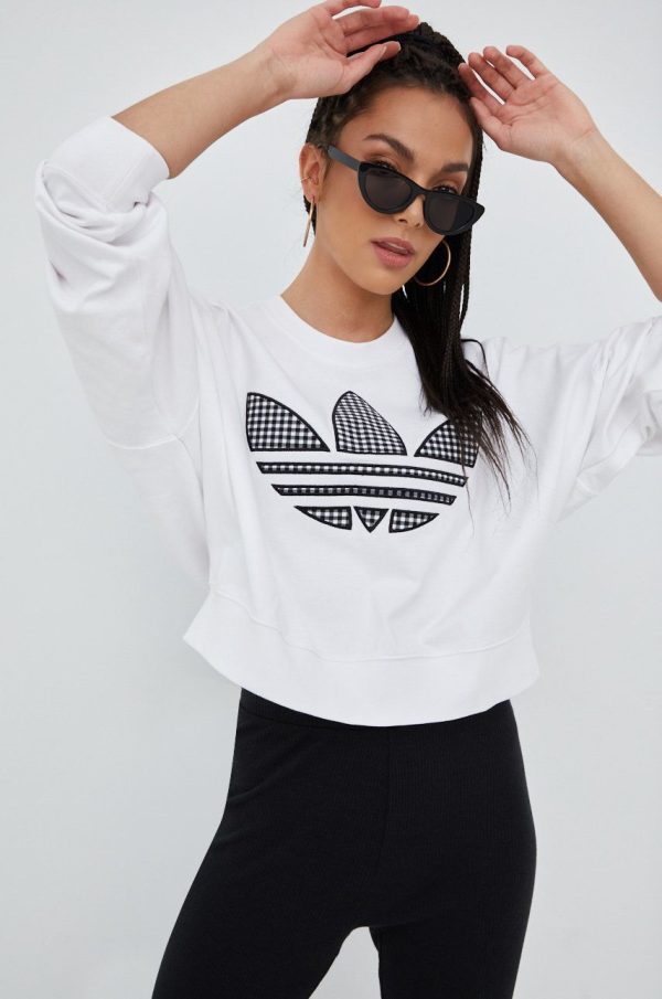 SS22-BLD0RP_00X_F1.jpg adidas Originals hanorac de bumbac Trefoil Moments HB9443 femei, culoarea alb, cu imprimeu