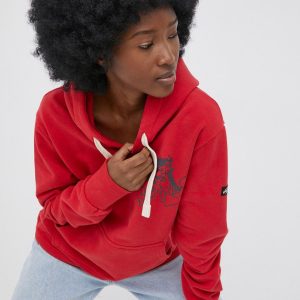 Superdry hanorac de bumbac femei, culoarea rosu, cu imprimeu