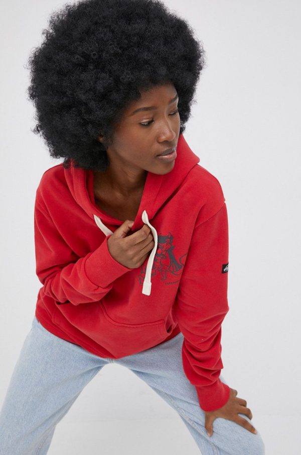 Superdry hanorac de bumbac femei, culoarea rosu, cu imprimeu