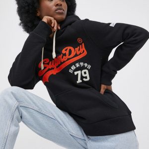 Superdry bluza femei, culoarea negru, cu imprimeu