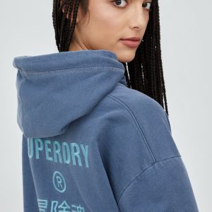 Superdry hanorac de bumbac femei, culoarea albastru marin, cu imprimeu