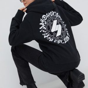 Superdry hanorac de bumbac femei, culoarea negru, cu imprimeu