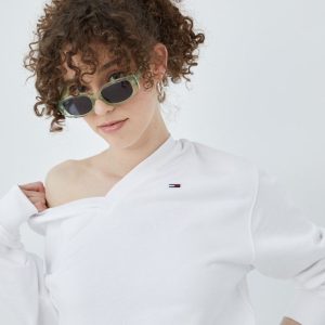 Tommy Jeans hanorac de bumbac femei, culoarea alb, neted