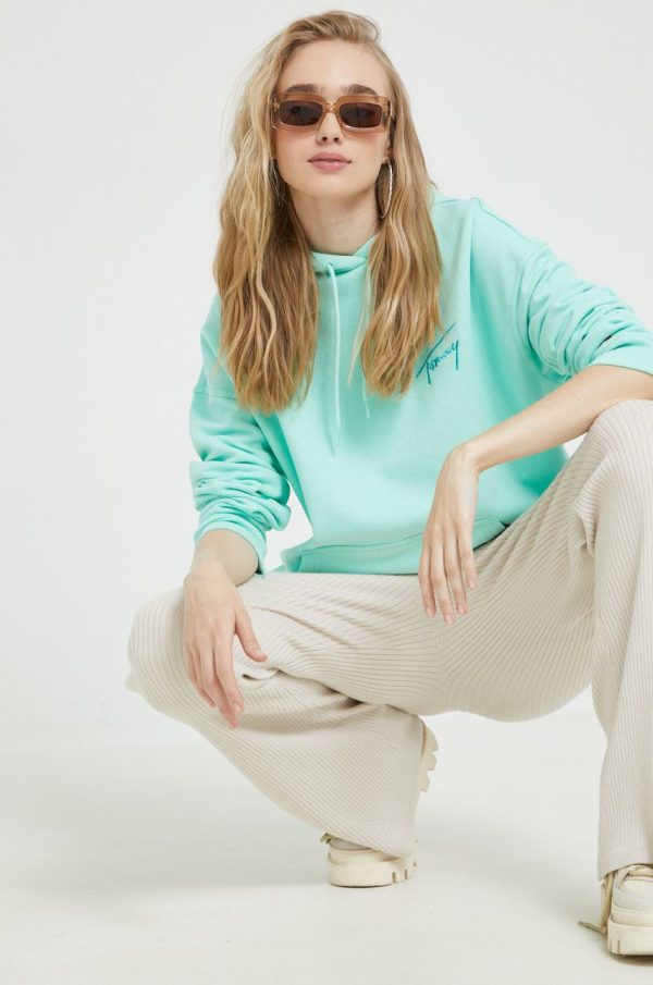Tommy Jeans bluza femei, culoarea turcoaz, cu imprimeu