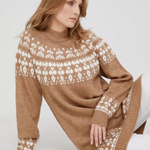 Answear Lab Pulover de lână femei, culoarea maro, light, cu guler