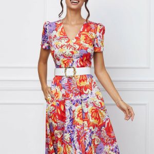 Rochie Adina rosie cu imprimeu floral mov-galben si curea in talie
