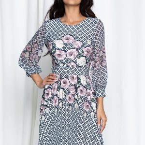 Rochie Alexa alba cu dungi negre si flori roze