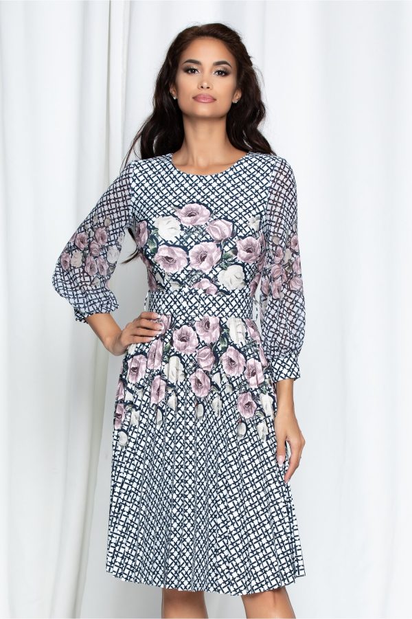 Rochie Alexa alba cu dungi negre si flori roze