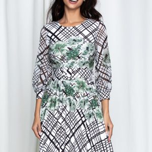 Rochie Alexa alba cu dungi negre si flori vernil