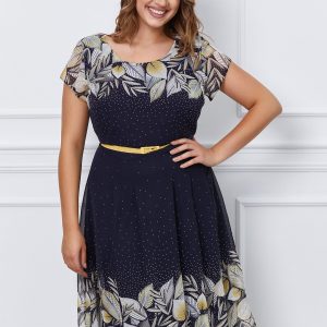 Rochie Alexa bleumarin cu imprimeu galben si curea in talie