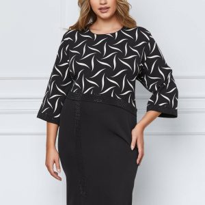 Rochie Alexandra neagra cu dungi albe si strasuri
