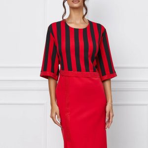 Rochie Alexandra rosie cu dungi negre si strasuri