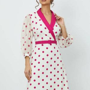 Rochie Alina ivory cu imprimeu cu buline roz