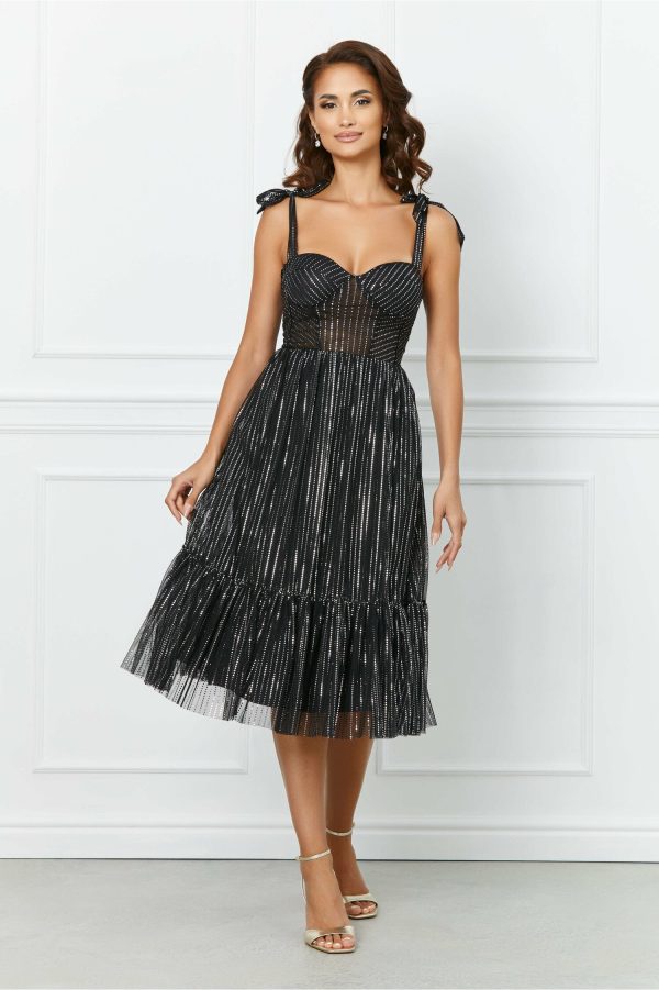 Rochie Alina neagra din tulle cu paiete argintii