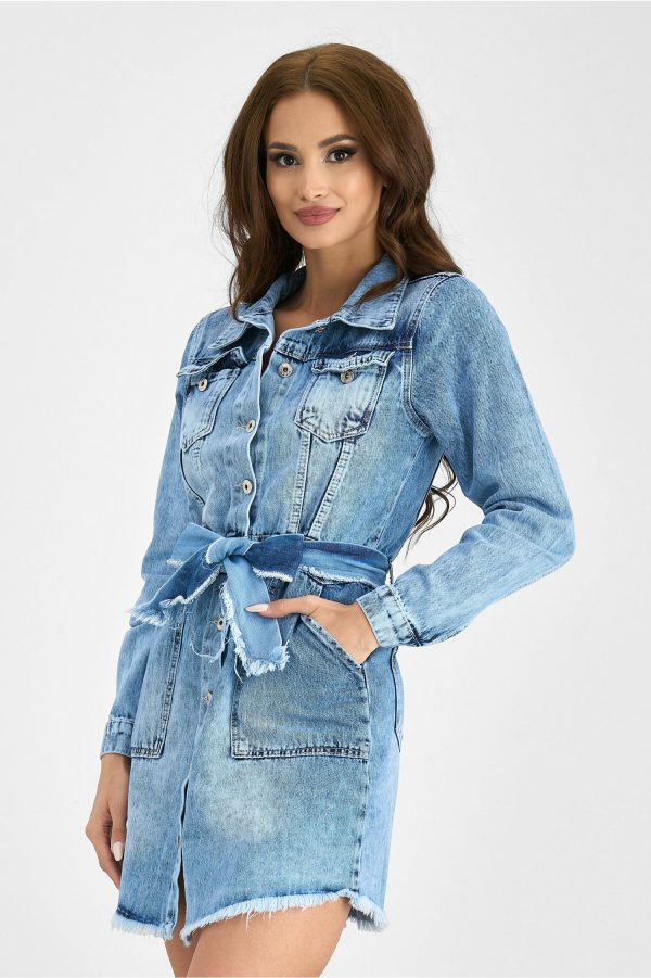 Rochie Alison denim bleu cu buzunare functionale si cordon