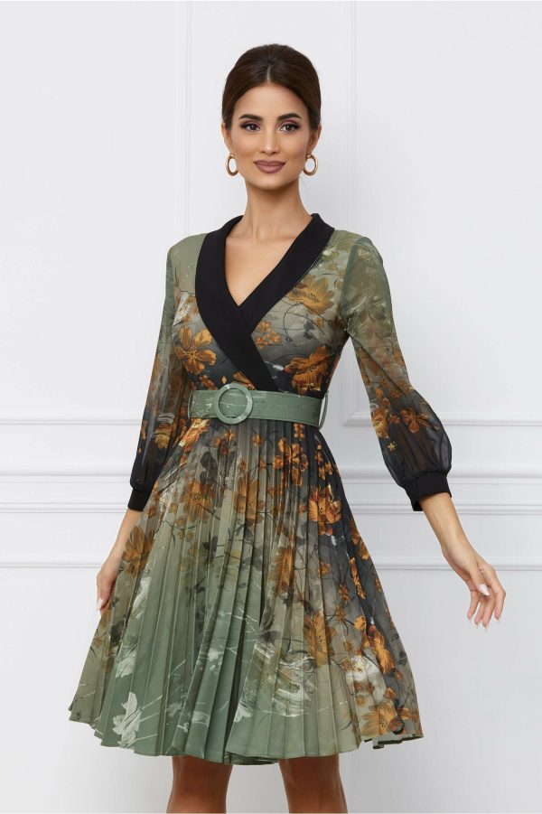 Rochie Amalia kaki cu imprimeu floral galben si curea in talie