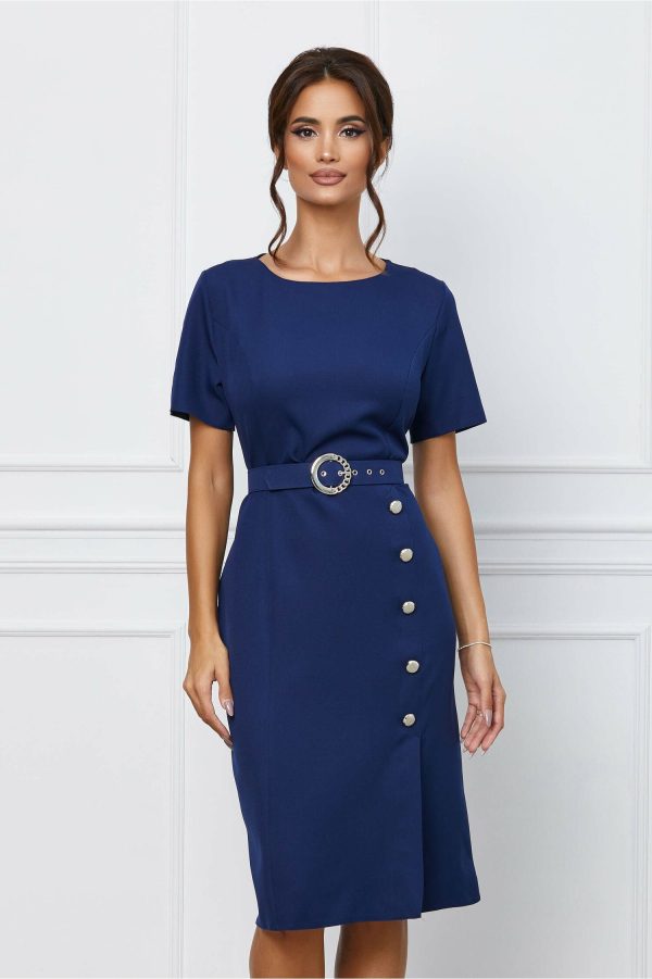 Rochie Anastasia bleumarin cu maneci scurte si nasturi metalici