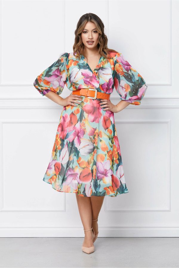 Rochie Anca verde mint cu flori roz-corai