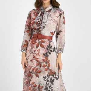 Rochie Andreea beige cu imprimeu caramiziu si curea in talie
