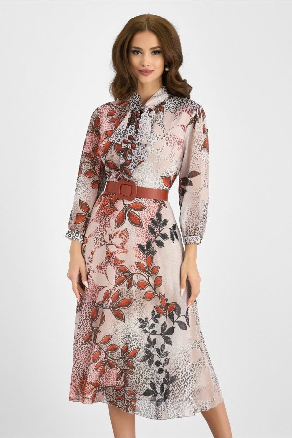 Rochie Andreea beige cu imprimeu caramiziu si curea in talie