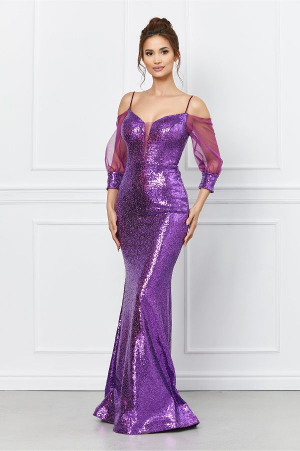 Rochie Andreea mov lunga din paiete cu maneci din tulle