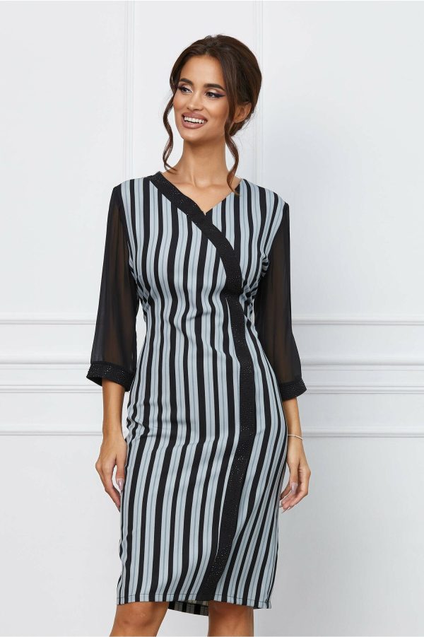 Rochie Andreea neagra cu dungi gri si strasuri