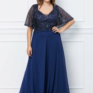 Rochie Anemona lunga bleumarin cu paiete si broderie la bust