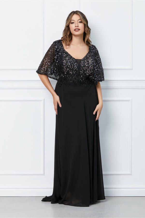 Rochie Anemona lunga neagra cu paiete si broderie la bust