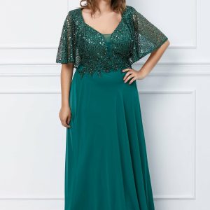 Rochie Anemona lunga verde cu paiete si broderie la bust