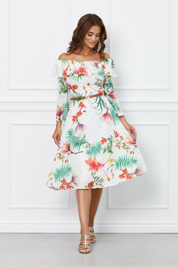 Rochie Aniela alba cu imprimeu floral corai