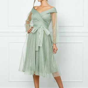 Rochie Aniela verde mint cu glitter si funda in talie