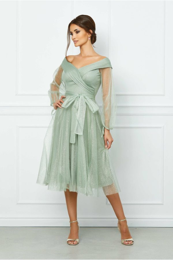 Rochie Aniela verde mint cu glitter si funda in talie