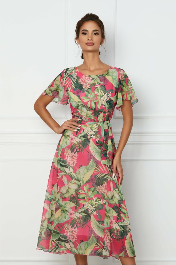 Rochie Antonia fucsia cu imprimeu floral verde si cordon in talie