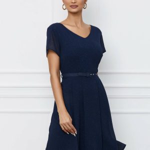 Rochie Aria bleumarin cu glitter si curea in talie