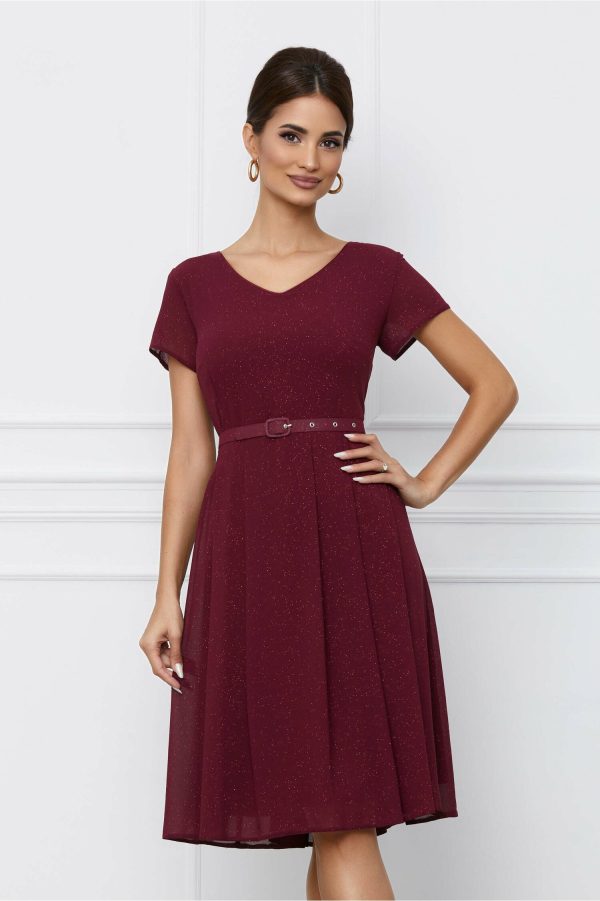 Rochie Aria bordo cu glitter si curea in talie