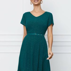 Rochie Aria verde cu glitter si curea in talie