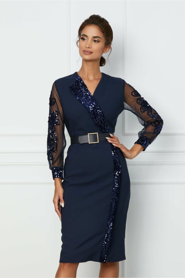 Rochie Ariana bleumarin cu paiete si curea in talie