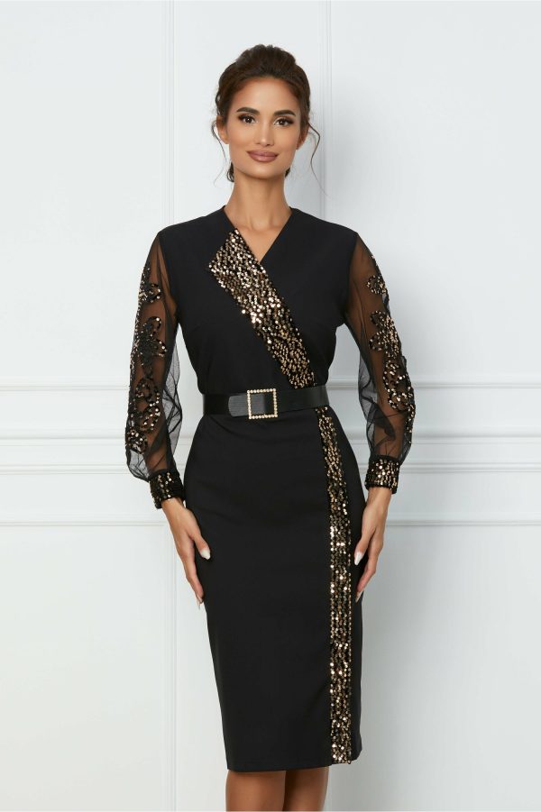 Rochie Ariana neagra cu paiete aurii si curea in talie