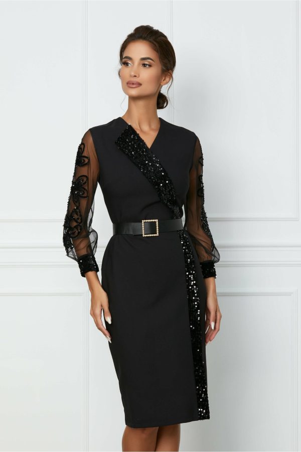Rochie Ariana neagra cu paiete si curea in talie