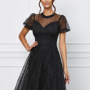 Rochie Atena neagra din tulle cu aplicatii florale